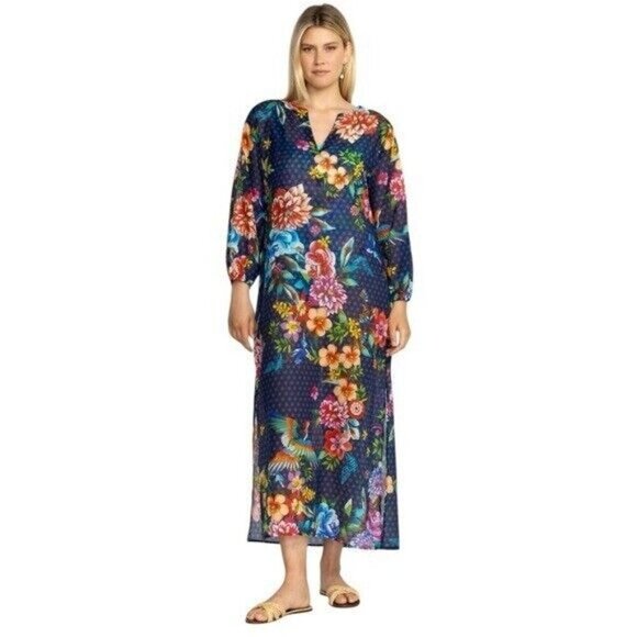 JOHNNY WAS Ocean Dreamer Puff Sleeve Maxi Cover Up Silk Blend NEW - Picture 1 of 10